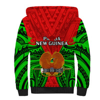 Unisex sherpa hoodie, red back with Papua New Guinea text, central bird emblem, black hem