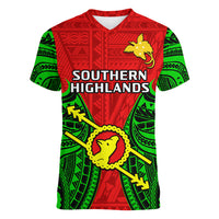 Papua New Guinea Women V Neck T Shirt Southern Highlands Province Mix Coat Of Arms Polynesian Art - Wonder Print Shop
