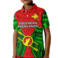 Kid's red polo shirt with green patterned sleeves and Southern Highlands crest