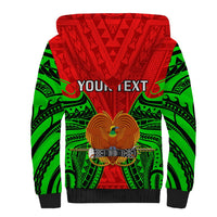 Sherpa hoodie back with red center, green tribal design, eagle emblem, printed 'YOUR TEXT'