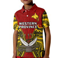 Kids red polo shirt with Western Province graphic and yellow patterned sleeves