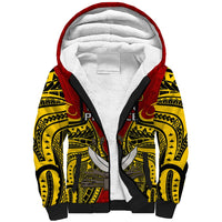 Red sherpa hoodie with white fleece lining, black drawstrings, colorful Polynesian front print