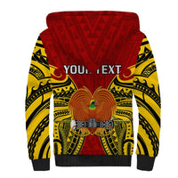 Red sherpa hoodie with yellow and black pattern, eagle graphic center, hooded back