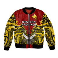 (Custom Personalised) Papua New Guinea Sleeve Zip Bomber Jacket Western Province Mix Coat Of Arms Polynesian Art - Wonder Print Shop