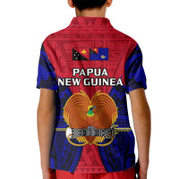 Kids polo shirt with red and blue back graphic, Papua New Guinea text