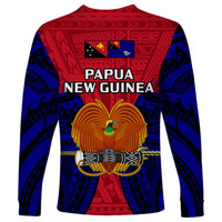 Unisex long-sleeve shirt with red and blue tribal print, Papua New Guinea text, bird emblem