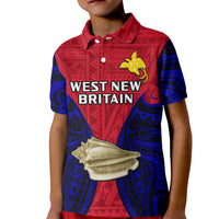 Kids polo shirt in red and blue with West New Britain front graphic