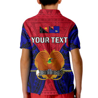 Kids polo shirt in red and blue with back “YOUR TEXT” and bird crest