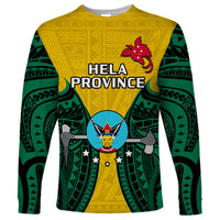 Long-sleeve shirt in yellow with green sleeves and Hela Province graphic