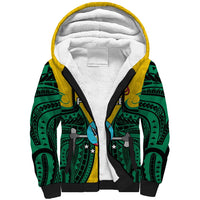 Unisex sherpa hoodie, yellow hood, green tribal front graphic, black drawstrings