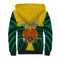 Unisex sherpa hoodie, yellow back with Papua New Guinea text and eagle emblem, green patterns
