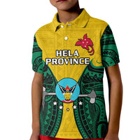 Kids yellow polo shirt with green patterned sleeves and Hela Province front print