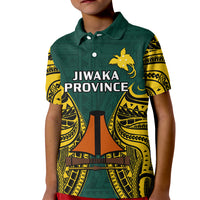 Kids green polo shirt with yellow tribal sleeves and 'JIWAKA PROVINCE' front print