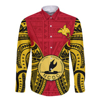 (Custom Personalised) Papua New Guinea Long Sleeve Button Shirt National Capital District Mix Coat Of Arms Polynesian Art - Wonder Print Shop