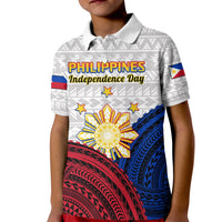 Kids white polo shirt with Independence Day Philippines graphic, blue and red tribal pattern
