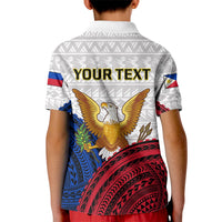 Kids white polo shirt back with YOUR TEXT and gold eagle over blue and red pattern