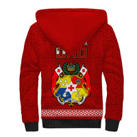 Red sherpa hoodie with large Tonga crest graphic on back and black ribbed cuffs