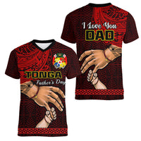 Tonga Fathers Day Women V Neck T Shirt Black Tongan Ngatu I Love You Dad - Wonder Print Shop