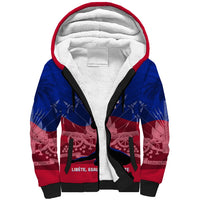 Sherpa hoodie with red trim, blue and red front graphic, faux-fur lining, zip closure
