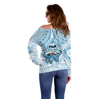 Fiji Tanoa Off Shoulder Sweater Kava Bowl Fijian Tapa Blue Pattern - Wonder Print Shop