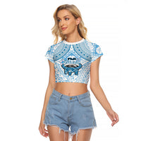 Fiji Tanoa Raglan Cropped T Shirt Kava Bowl Fijian Tapa Blue Pattern - Wonder Print Shop