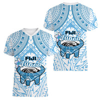 Fiji Tanoa Women V Neck T Shirt Kava Bowl Fijian Tapa Blue Pattern - Wonder Print Shop