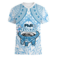 Fiji Tanoa Women V Neck T Shirt Kava Bowl Fijian Tapa Blue Pattern - Wonder Print Shop