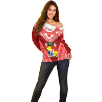 Tonga Heilala Flowers Off Shoulder Sweater Tongan Ngatu White Special Verison - Wonder Print Shop