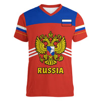 (Custom Text And Number) Russia Hockey 2023 Red Sporty Style Women V Neck T Shirt - Wonder Print Shop