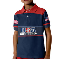 Kids hockey polo shirt, navy with red collar and USA flag sleeve, ice hockey logo