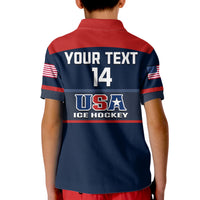 Kids hockey polo shirt back, navy with red yoke, USA flag sleeves, your text 14