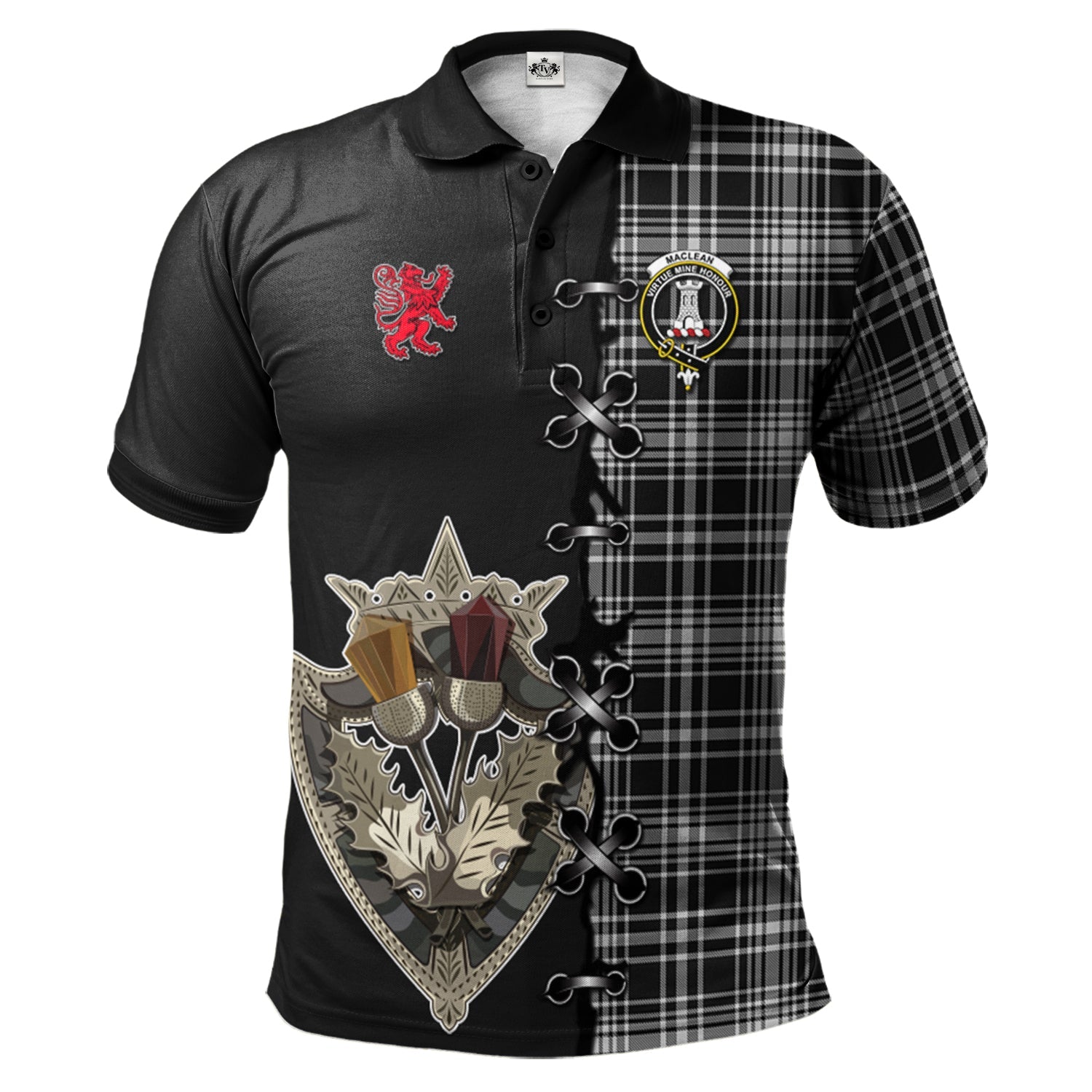 scottish-maclean-black-and-white-clan-crest-tartan-lion-rampant-and-celtic-thistle-polo-shirt
