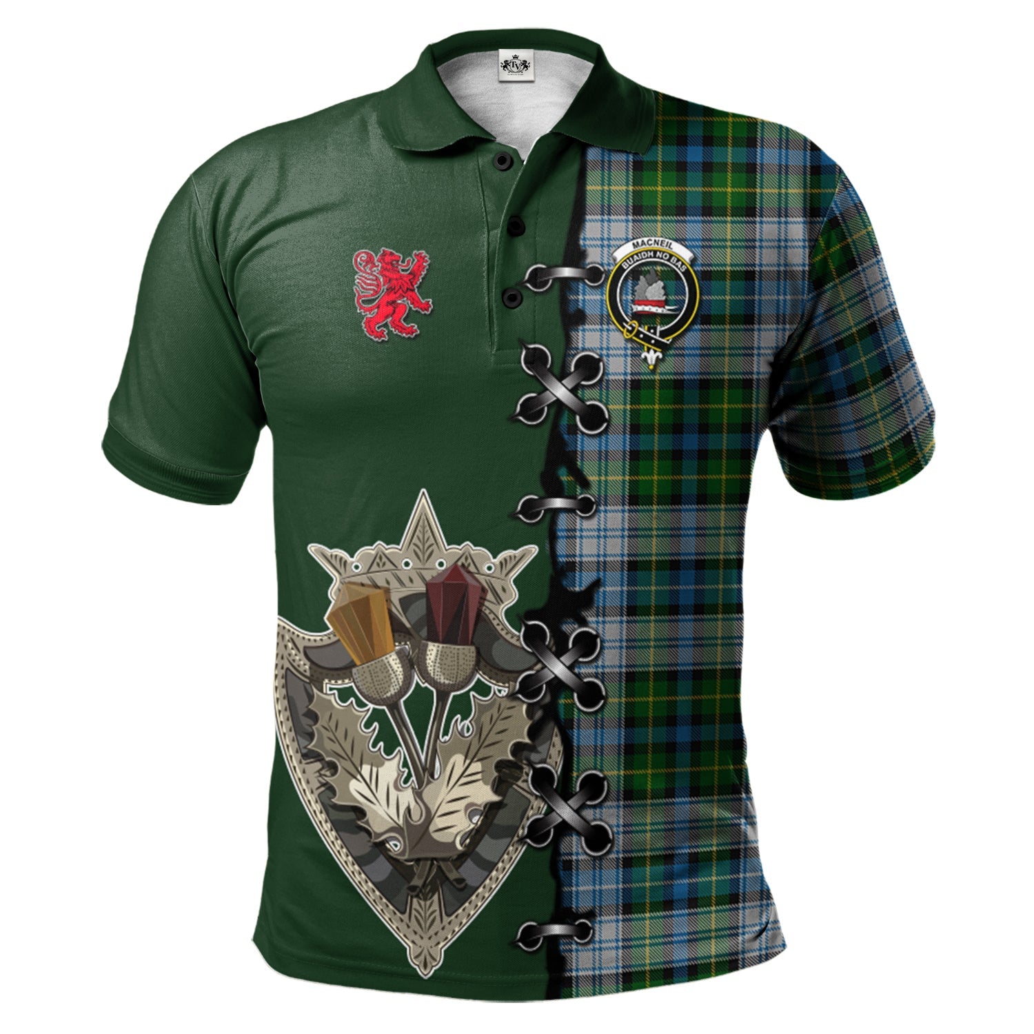 scottish-macneil-dress-clan-crest-tartan-lion-rampant-and-celtic-thistle-polo-shirt