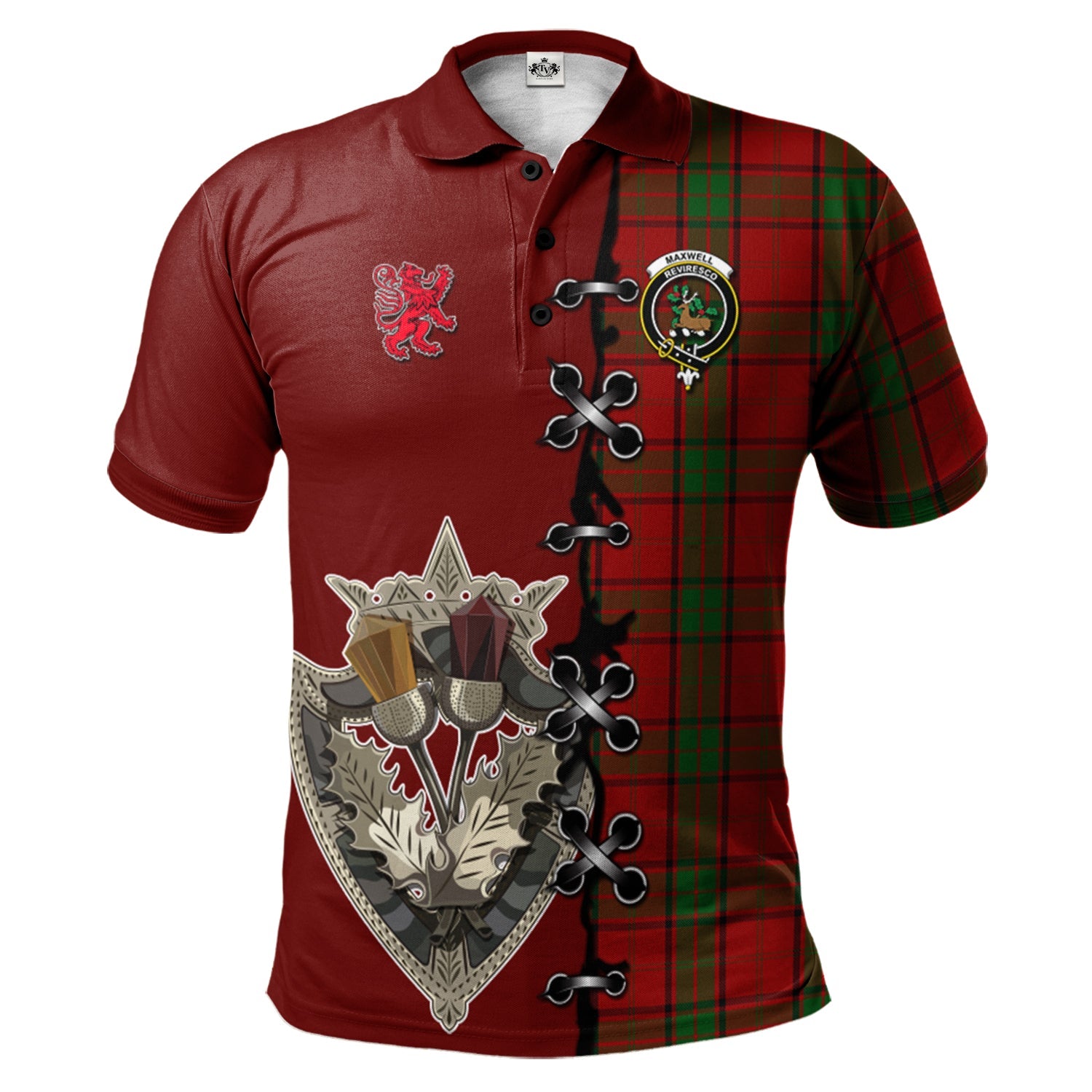 scottish-maxwell-clan-crest-tartan-lion-rampant-and-celtic-thistle-polo-shirt