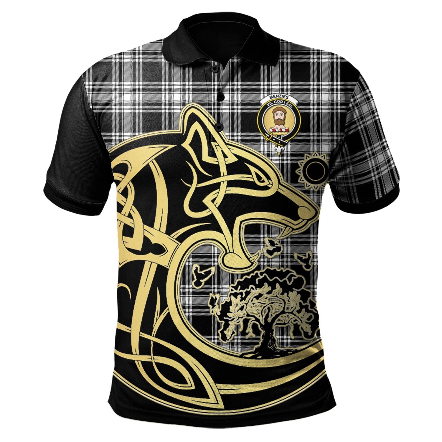 scottish-menzies-black-and-white-clan-crest-tartan-celtic-wolf-style-polo-shirt