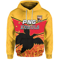 Yellow pullover hoodie with hood strings and red front graphic