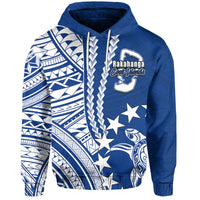 Blue pullover hoodie with white Polynesian print, hood, and Rakahanga Cook Islands badge