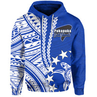 Blue pullover hoodie with white tribal print and front graphic logo