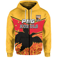 Yellow pullover hoodie with hood strings and red/black emblem graphic