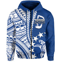 Blue pullover hoodie with white tribal patterns, hood, and Cook Islands emblems
