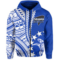 Blue pullover hoodie with chest logo, white tribal panels, and star graphics
