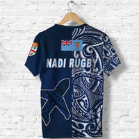 Navy-blue Nadi Rugby T-shirt back: tapa-style swirls with flag/crest patch