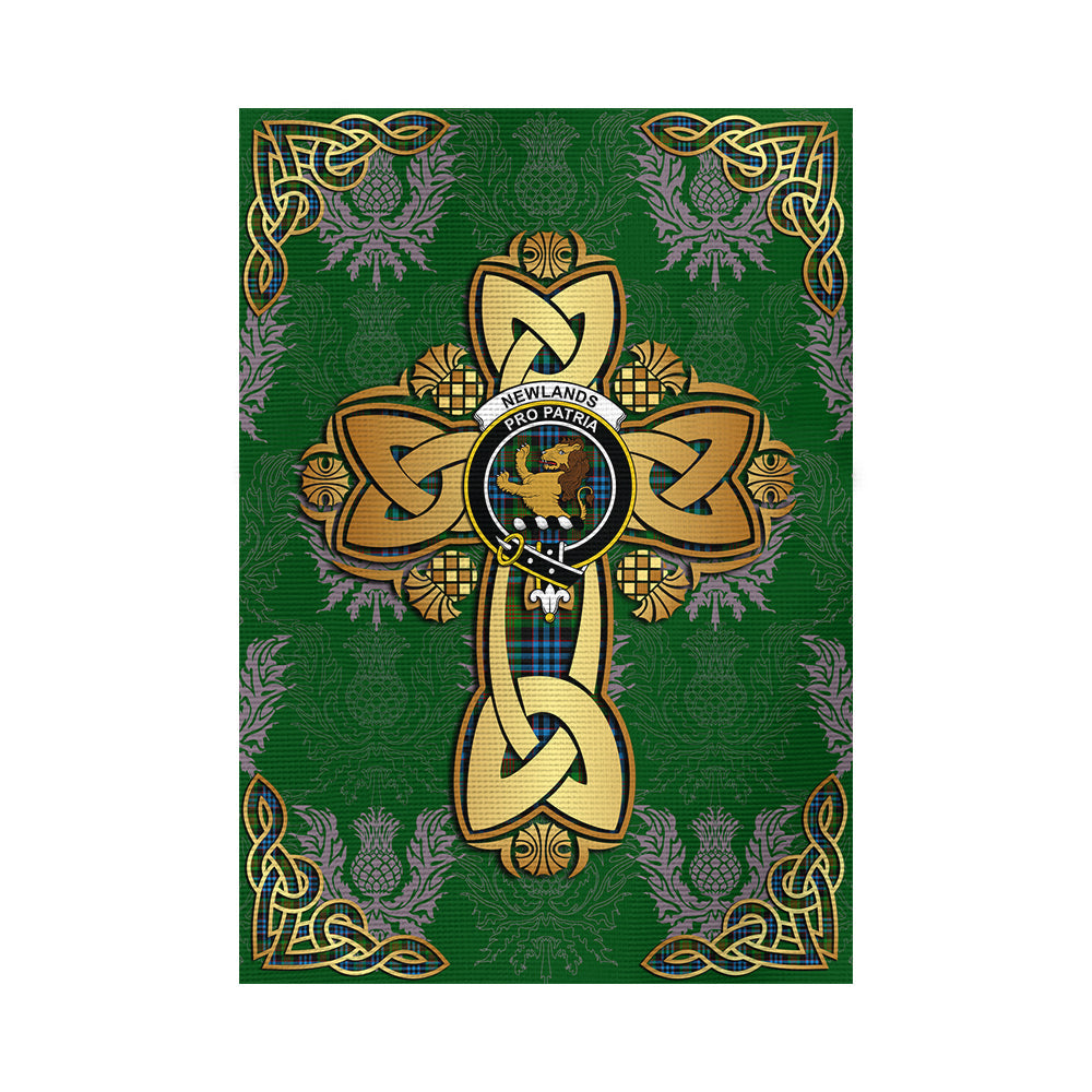scottish-newlands-of-lauriston-clan-crest-tartan-golden-celtic-thistle-garden-flag