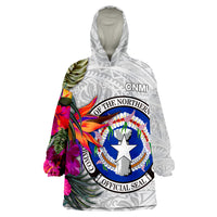 Northern Mariana Islands Hibiscus Polynesian White pattern Wearable Blanket Hoodie - Wonder Print Shop