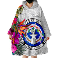 Northern Mariana Islands Hibiscus Polynesian White pattern Wearable Blanket Hoodie - Wonder Print Shop