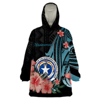 Northern Mariana Islands Turquoise Polynesian Hibiscus Pattern Style Wearable Blanket Hoodie - Wonder Print Shop