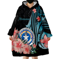 Northern Mariana Islands Turquoise Polynesian Hibiscus Pattern Style Wearable Blanket Hoodie - Wonder Print Shop