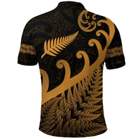 Black polo shirt back view with gold fern, koru and scrolling Maori motifs