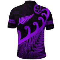Back view purple polo with fern frond print and Maori-style swirl motifs, short sleeves