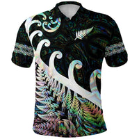 Green-themed Maori polo shirt with iridescent fern and koru-style graphic, short sleeves